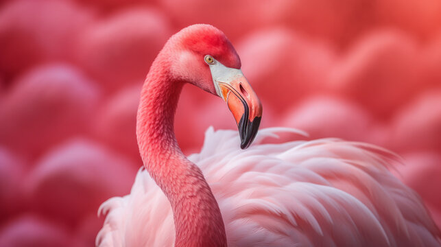 Generative AI illustration of close-up of vibrant pink flamingo against a soft focus background of similar shades