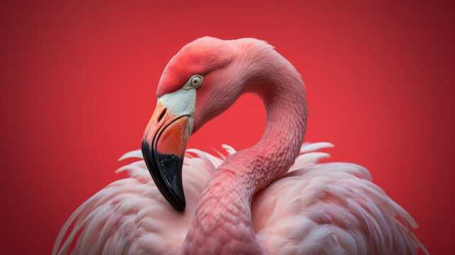 Generative AI illustration of pink flamingo with a curved neck against a coral background