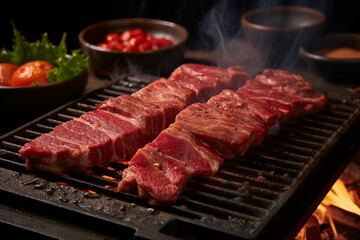 enerative AI image of freshly cut steaks seasoned with salt and pepper, grilling over an open flame with visible smoke, alongside a bowl of cherry tomatoes and a salad