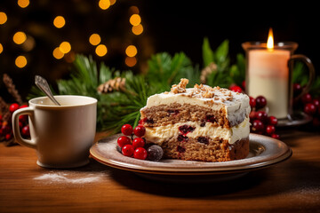 Generative AI image of a slice of carrot cake with cream cheese frosting and nuts, served on a festive table with a cup and candle