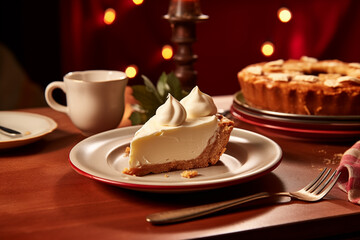 Generative AI image of a rich and creamy cheesecake slice topped with whipped cream, served on a festive table with a full cheesecake and cup in the background