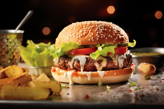 Generative AI image of a loaded cheeseburger with a juicy beef patty, melted cheese, lettuce, tomato, sauce, and sesame bun, accompanied by seasoned fries
