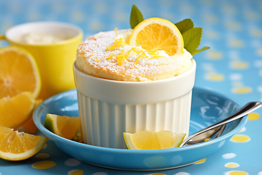 Generative AI image of a lemon souffle in a ramekin, garnished with a slice of lemon and mint, dusted with powdered sugar
