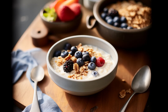 Generative AI image of a bowl of oatmeal topped with fresh blackberries, blueberries, raspberries, and granola, with fruit and nuts in the background