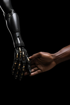 Human and Robotic Hands Intertwined in Darkness Generative AI image