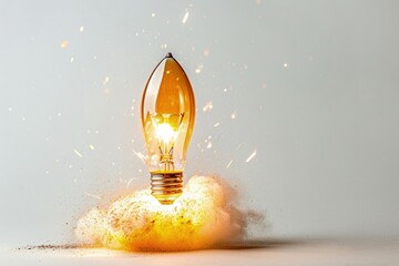 Light bulb taking off like rocket on white background, startup and business concept.