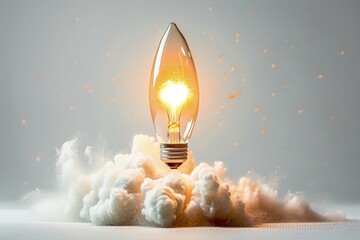 Light bulb taking off like rocket on white background, startup and business concept. - obrazy, fototapety, plakaty