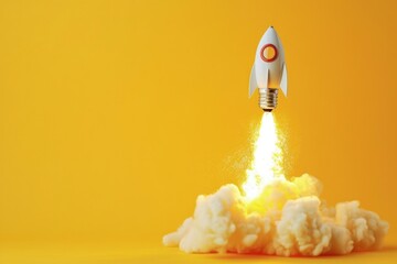 Light bulb taking off like rocket on yellow background, startup and business concept.