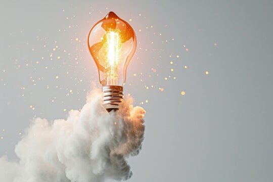 Light bulb taking off like rocket on white background, startup and business concept.