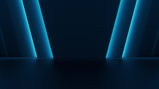 Beautiful abstract background with blue lights animation. Bright neon motion texture for technology concept design. Futuristic virtual stage for product showcase. Seamless loop.