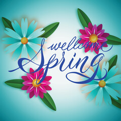 Vector welcome spring lettering. creative inscription with pink and blue flowers.