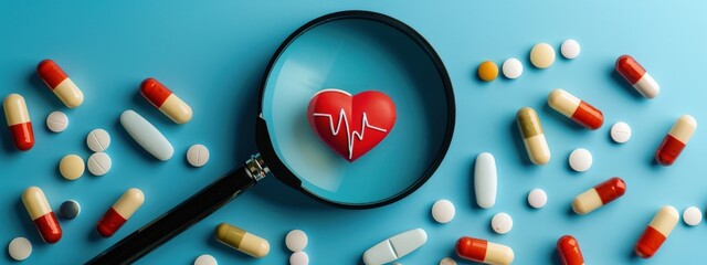 Magnifying glass with heart, graph with heartbeat and medicines, concept of health and medical care. - obrazy, fototapety, plakaty
