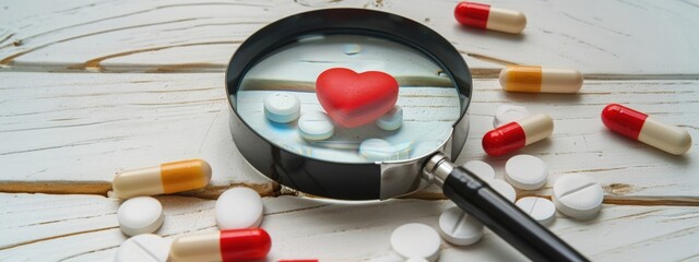 Magnifying glass with heart and medicines, concept of health and medical care. - obrazy, fototapety, plakaty