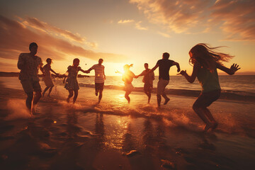 Family friends having fun on the beach at sunset. Fathers, mothers, children and uncles playing together. Love, relationship, party and celebrating concept. - obrazy, fototapety, plakaty