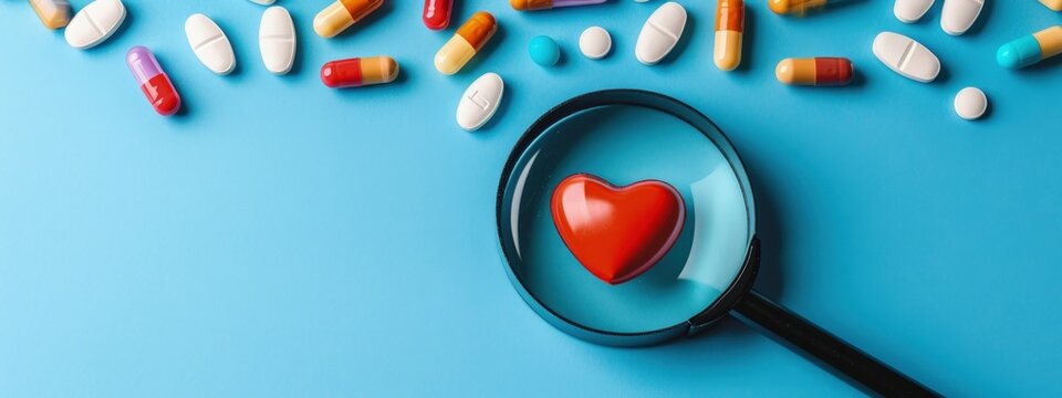 Magnifying Glass With Heart And Medicines, Concept Of Health And Medical Care.