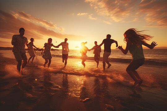 Family friends having fun on the beach at sunset. Fathers, mothers, children and uncles playing together. Love, relationship, party and celebrating concept.