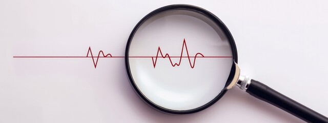 Magnifying glass with graph with heartbeat, concept of health and medical care. - obrazy, fototapety, plakaty