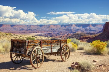 Fototapeta na wymiar Old west wooden wagon, landscape with canyons and desert, western concept.