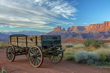 Obraz premium Old west wooden wagon, landscape with canyons and desert, western concept.