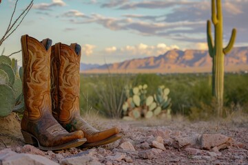Landscape with cowboy boots and desert with cacti in the background.