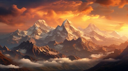 An intricately realistic portrayal of a mountain range during sunrise, capturing the warm golden light cascading over the peaks - Generative AI