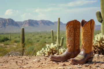 Landscape with cowboy boots and desert with cacti in the background. - obrazy, fototapety, plakaty