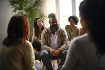 Multiethnic male talking and sharing thoughts with diverse people participate in group psychological session together. Mental therapy. - Powered by Adobe