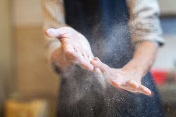 Adult Woman Hands Cleaning Hands After Made Dough for Bread