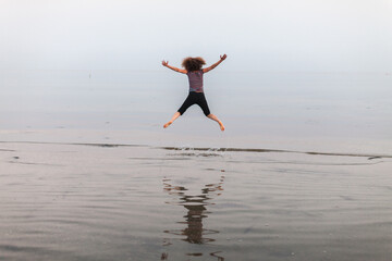 Serene Attitude Young Adult Woman Jump Into Sea Water Wet Beach Barefoot