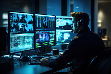 Male agent of secret service in headphones watching records of crime while sitting in front of multi screens at office.