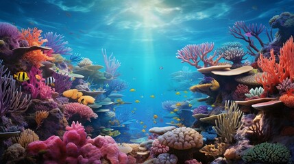 Fototapeta na wymiar An intricately realistic seascape portraying a vibrant coral reef beneath clear waters, teeming with diverse marine life - Generative AI