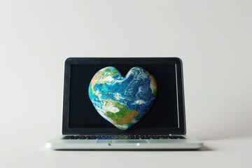 Planet earth in heart shape on laptop screen, technology and earth day concept. Preservation of the environment.