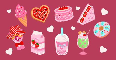 Sweet Valentine Food Dessert and Drink Illustration in Pink