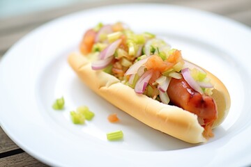 hot dog with relish and onions on white plate