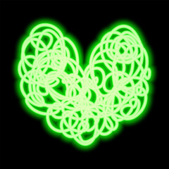 Green heart made from doodles. Neon glow. A symbol of emerald-colored love made of tangled curls. Vector illustration. Hand drawn glowing heart shape made from spiral lines. 