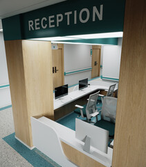Esthetic and clean modern hospital reception and corridor, private clinic or vet waiting room with empty posters and walls. 