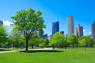 A modern city park with skyscrapers peeking above trees under a sunny blue sky, Generative AI - Powered by Adobe