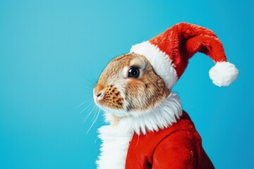 Rabbit with red hat, easter concept, blue background.