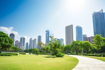 A modern city park with skyscrapers peeking above trees under a sunny blue sky, Generative AI - Powered by Adobe