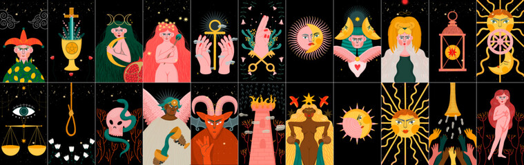 modern deck of tarot cards. prediction or fortune telling of the future and fate, mystical characters. printing on clothes or fabric	
