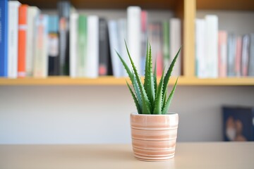 aloe vera in a small pot on an office bookshelf