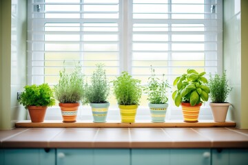 a row of potted herbs on a kitchen windowsill - obrazy, fototapety, plakaty