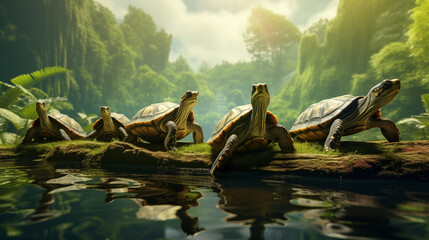 photograph line of turtles standing on timbler in the river  