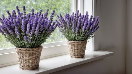 Naklejka premium Two baskets of lavender are placed on a windowsill.
