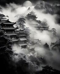 A Chinese or Japanese temple in the mountains in the fog, like a traditional Chinese landscape in ink, transparency, aesthetically pleasing, black and white photo, traditional Japan