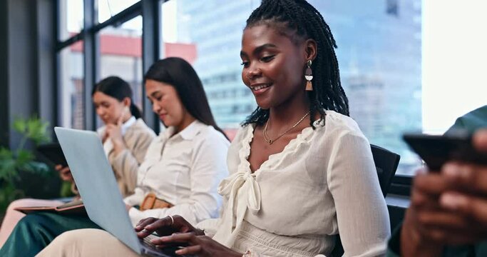 Laptop, smile and business black woman in workshop or seminar for growth, training and development. Computer, learning and upskill with happy young employee in office for education conference