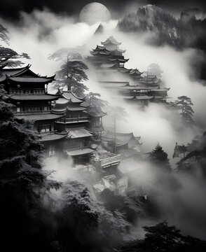 Fototapeta A Chinese or Japanese temple in the mountains in the fog, like a traditional Chinese landscape in ink, transparency, aesthetically pleasing, black and white photo, traditional Japan