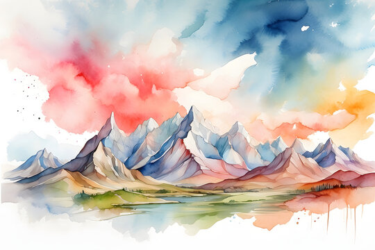 watercolor painting landscape with clouds