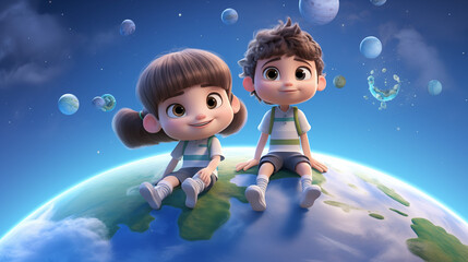 boy and girl sit down on earth in universe background cartoon 