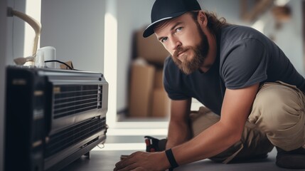 Close up HVAC professional worker repairing air conditioner or heat pump indoors